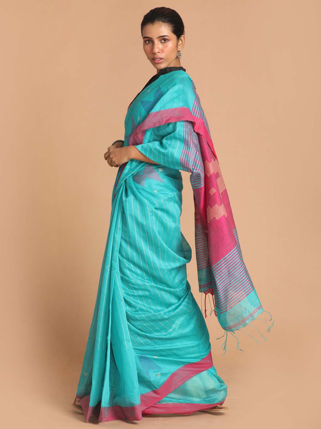 Indethnic Blue Bengal Handloom Cotton Blend Work Saree - View 1