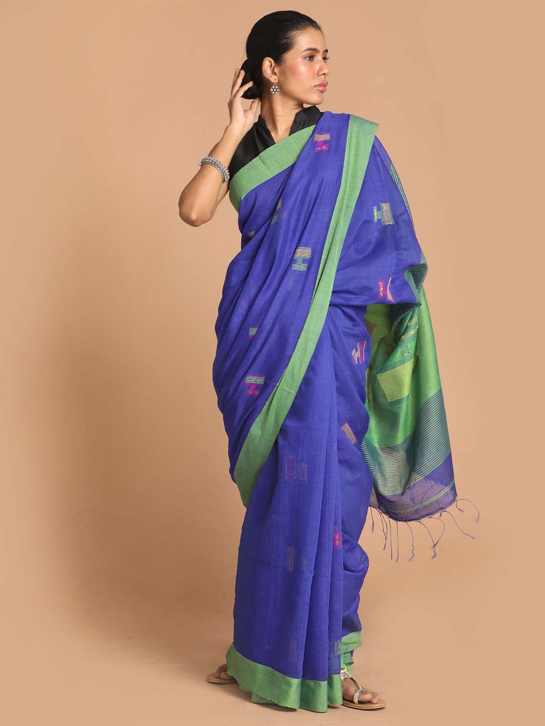 Indethnic Blue Bengal Handloom Cotton Blend Work Saree - View 1