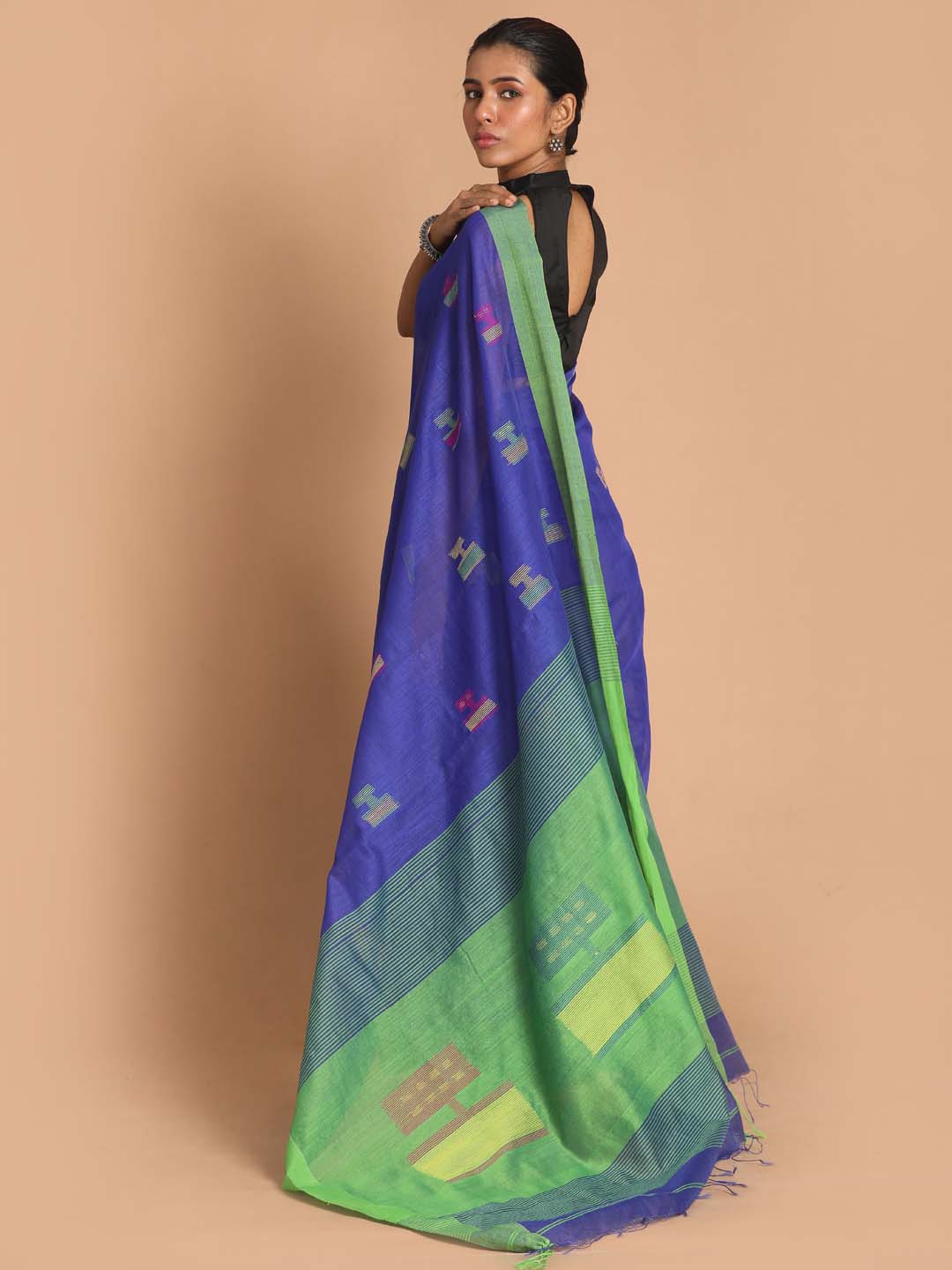 Indethnic Blue Bengal Handloom Cotton Blend Work Saree - View 2