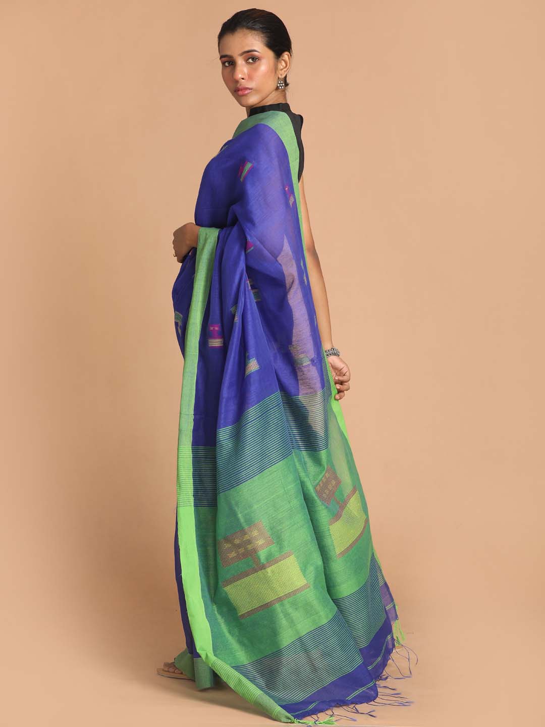 Indethnic Blue Bengal Handloom Cotton Blend Work Saree - View 3