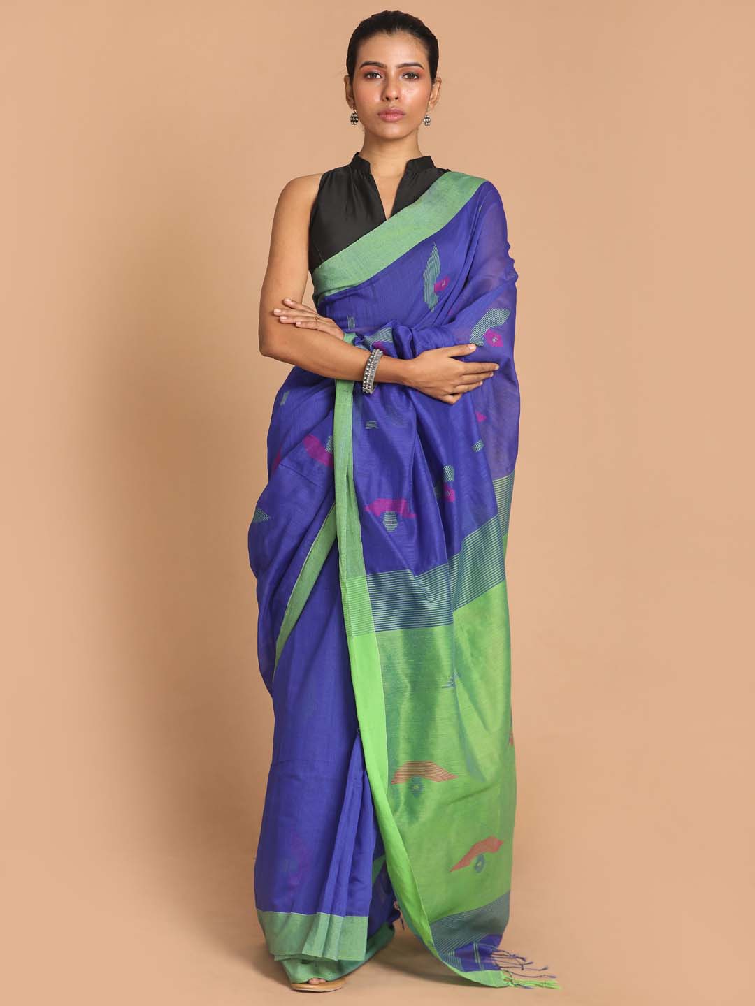 Indethnic Blue Bengal Handloom Cotton Blend Work Saree - View 1