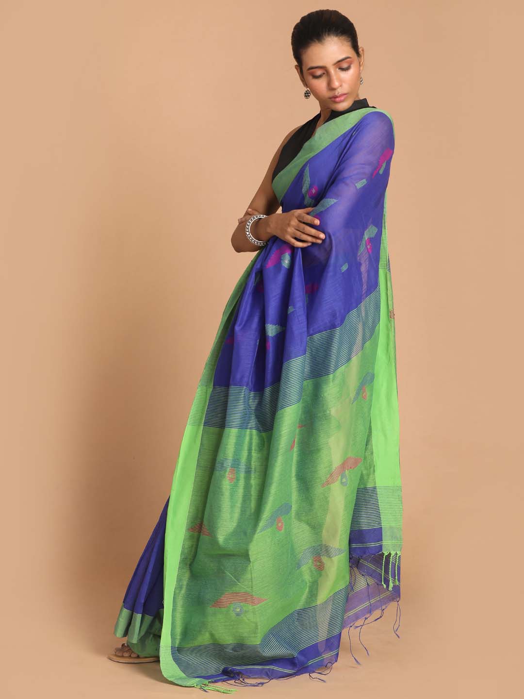 Indethnic Blue Bengal Handloom Cotton Blend Work Saree - View 2