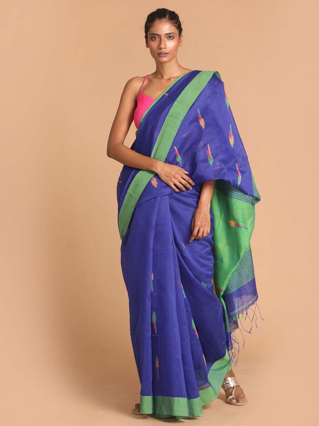 Indethnic Blue Bengal Handloom Cotton Blend Work Saree - View 1