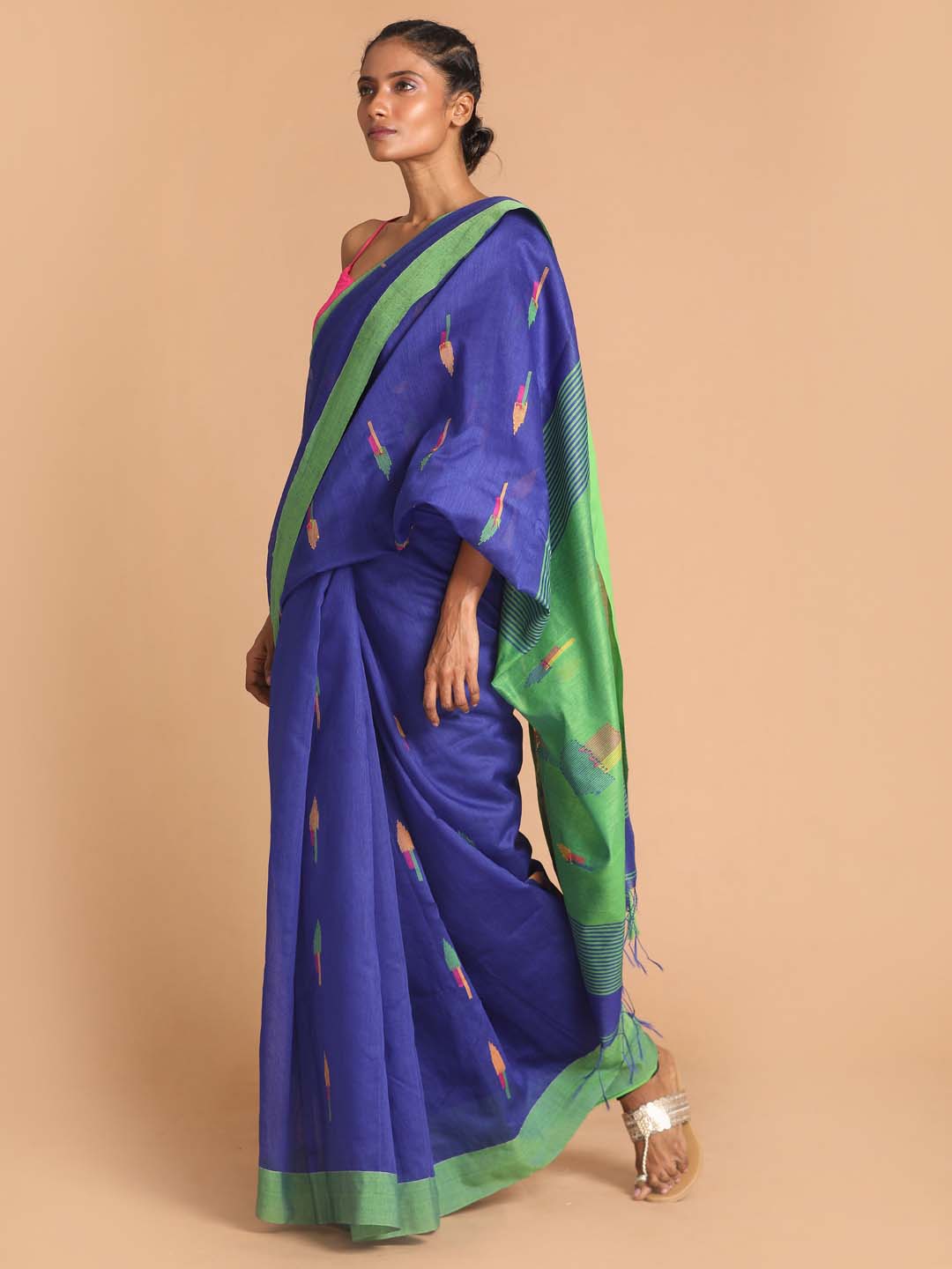 Indethnic Blue Bengal Handloom Cotton Blend Work Saree - View 2