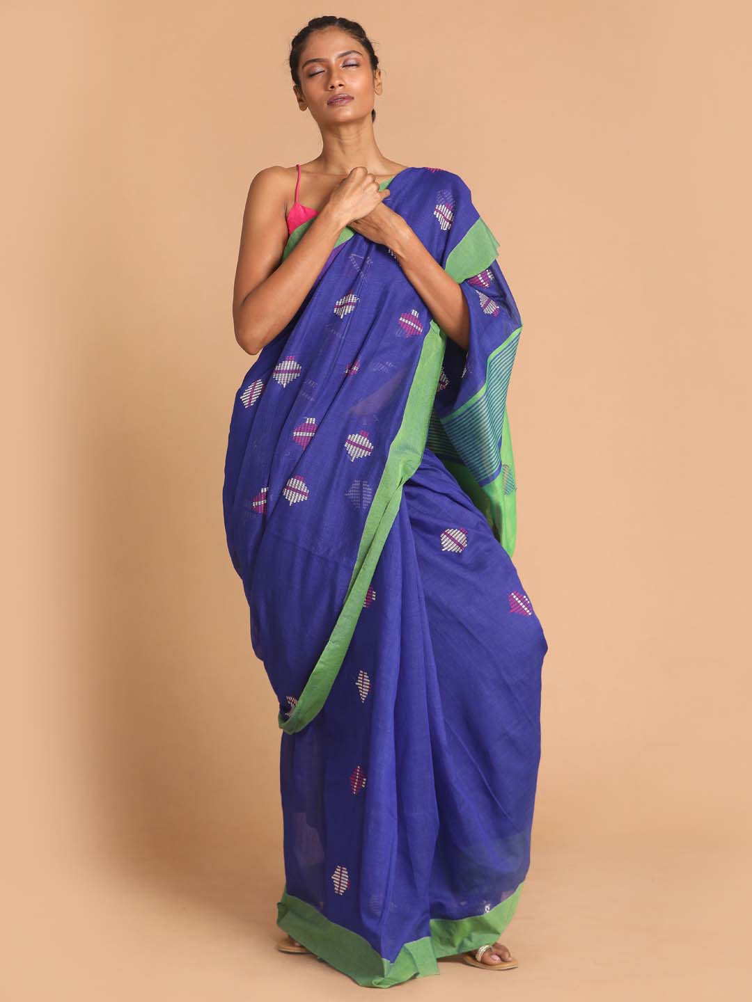 Indethnic Blue Bengal Handloom Cotton Blend Work Saree - View 1