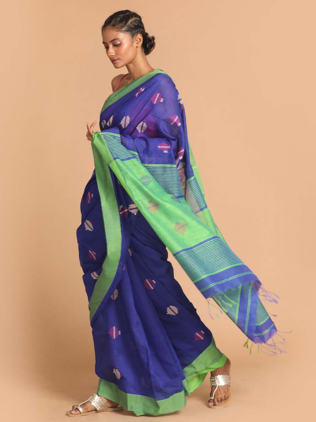 Indethnic Blue Bengal Handloom Cotton Blend Work Saree - View 2