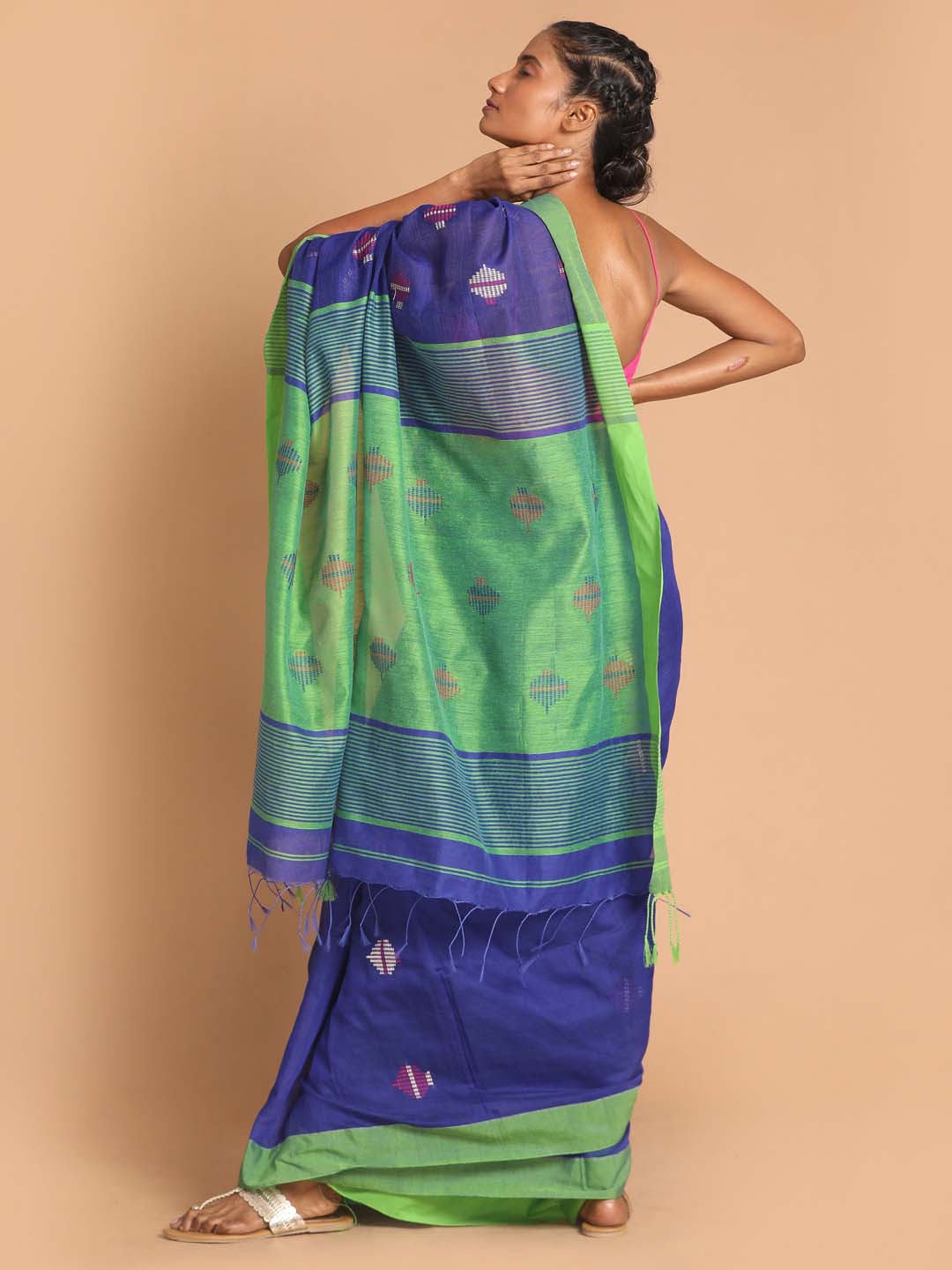 Indethnic Blue Bengal Handloom Cotton Blend Work Saree - View 3