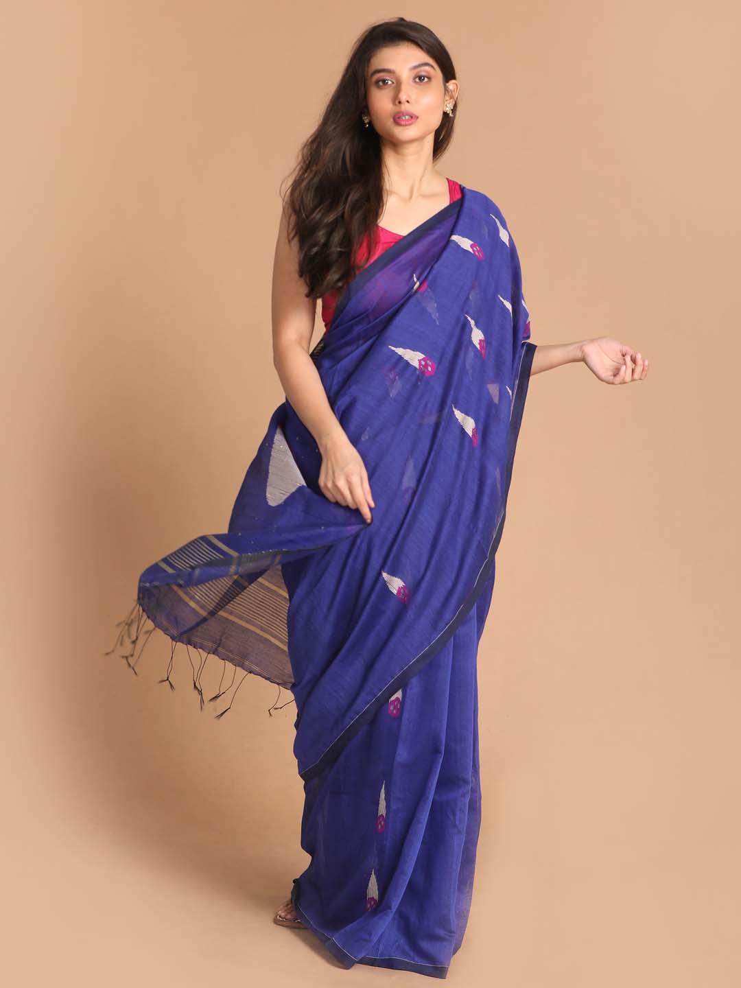 Indethnic Blue Bengal Handloom Cotton Blend Work Saree - View 1