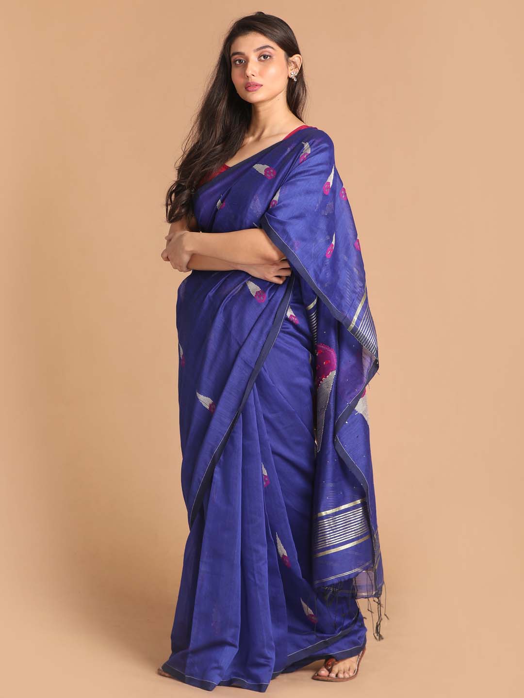 Indethnic Blue Bengal Handloom Cotton Blend Work Saree - View 2