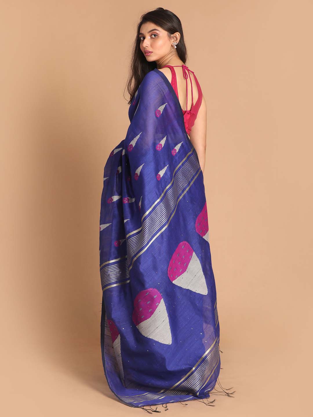 Indethnic Blue Bengal Handloom Cotton Blend Work Saree - View 3