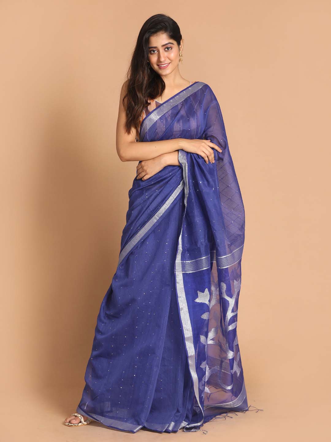 Indethnic Blue Bengal Handloom Cotton Blend Work Saree - View 1