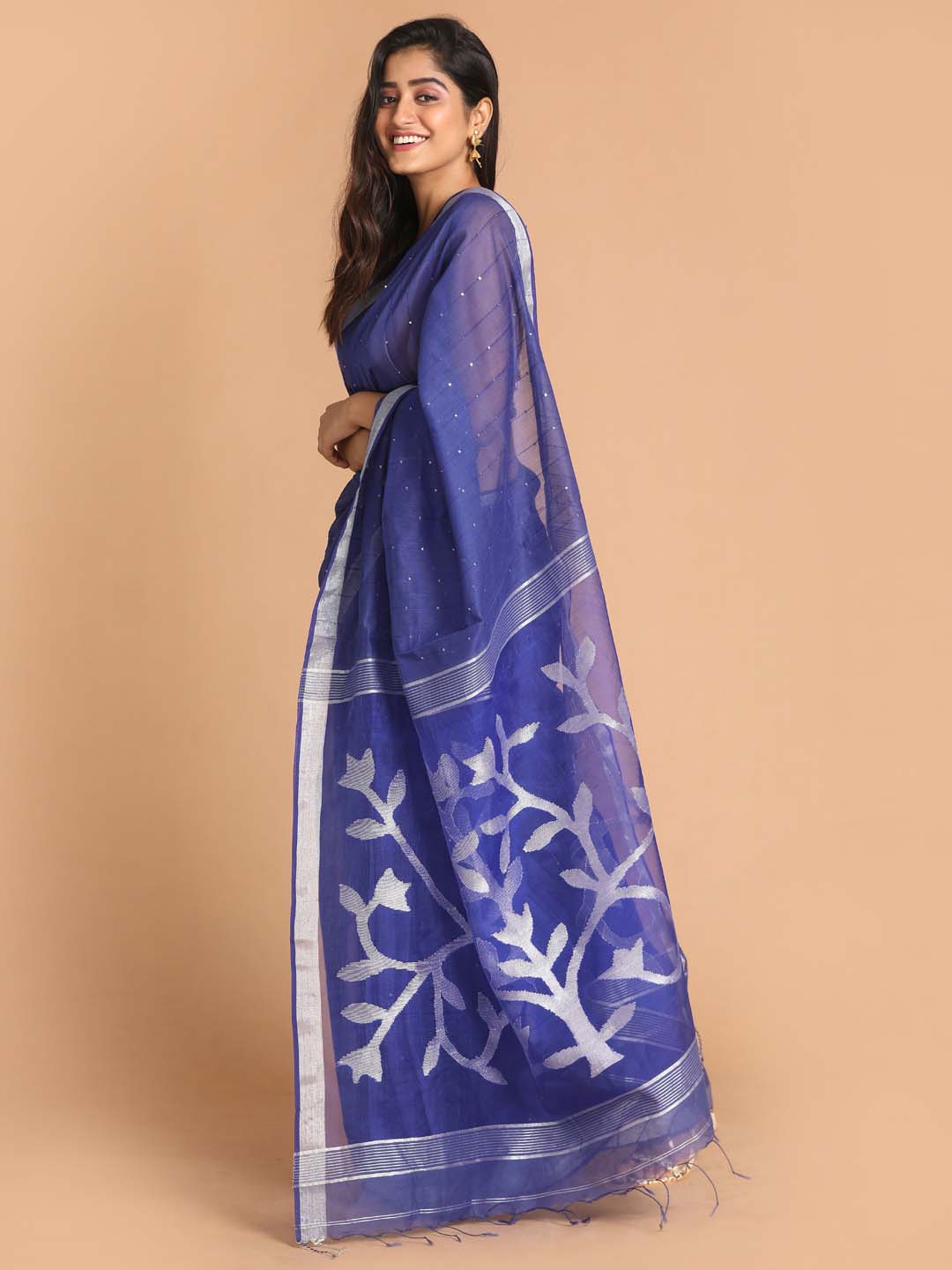 Indethnic Blue Bengal Handloom Cotton Blend Work Saree - View 2