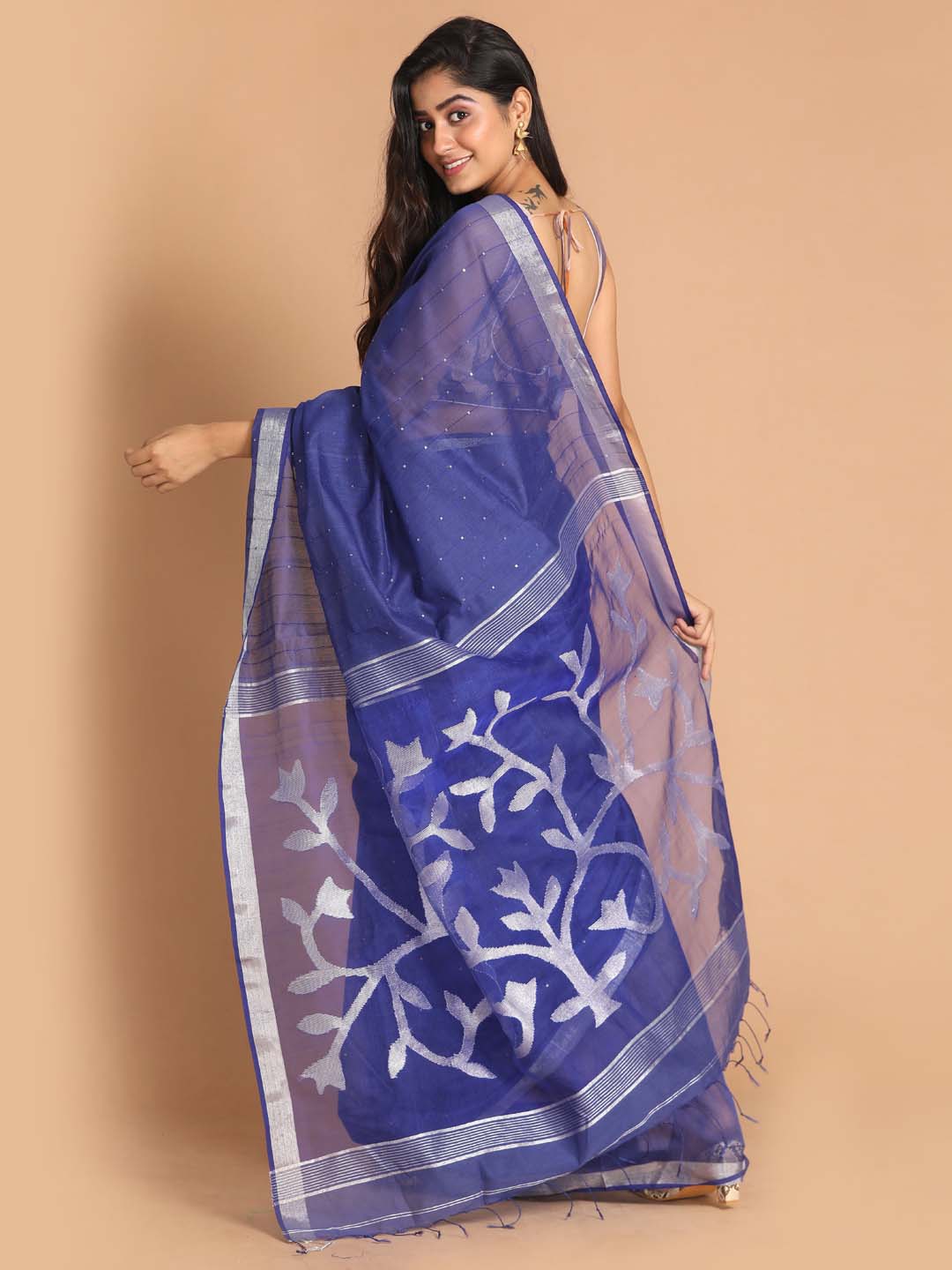 Indethnic Blue Bengal Handloom Cotton Blend Work Saree - View 3