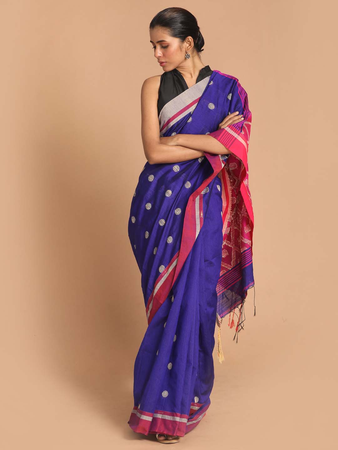 Indethnic Blue Bengal Handloom Cotton Blend Work Saree - View 1