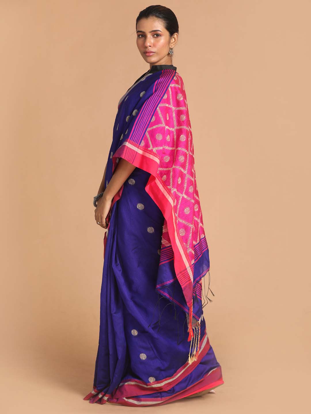 Indethnic Blue Bengal Handloom Cotton Blend Work Saree - View 2