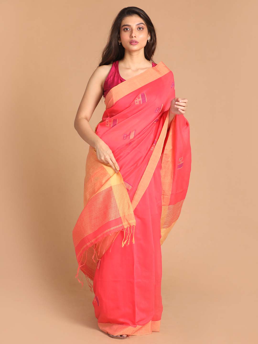 Indethnic Coral Bengal Handloom Cotton Blend Work Saree - View 1