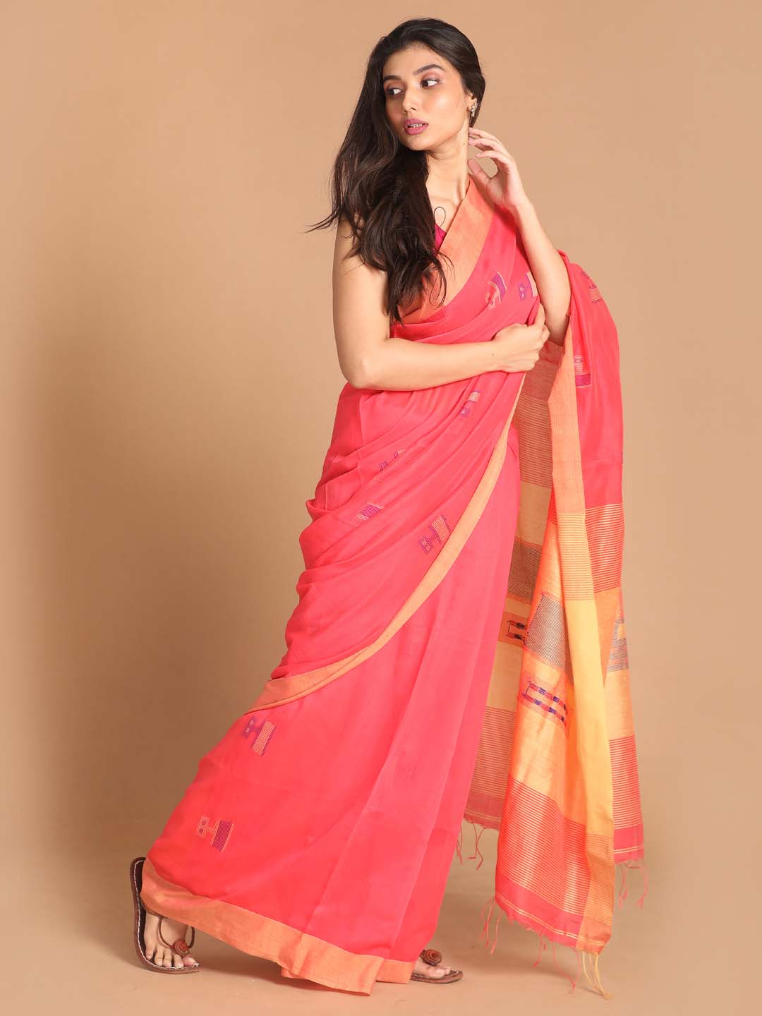 Indethnic Coral Bengal Handloom Cotton Blend Work Saree - View 2