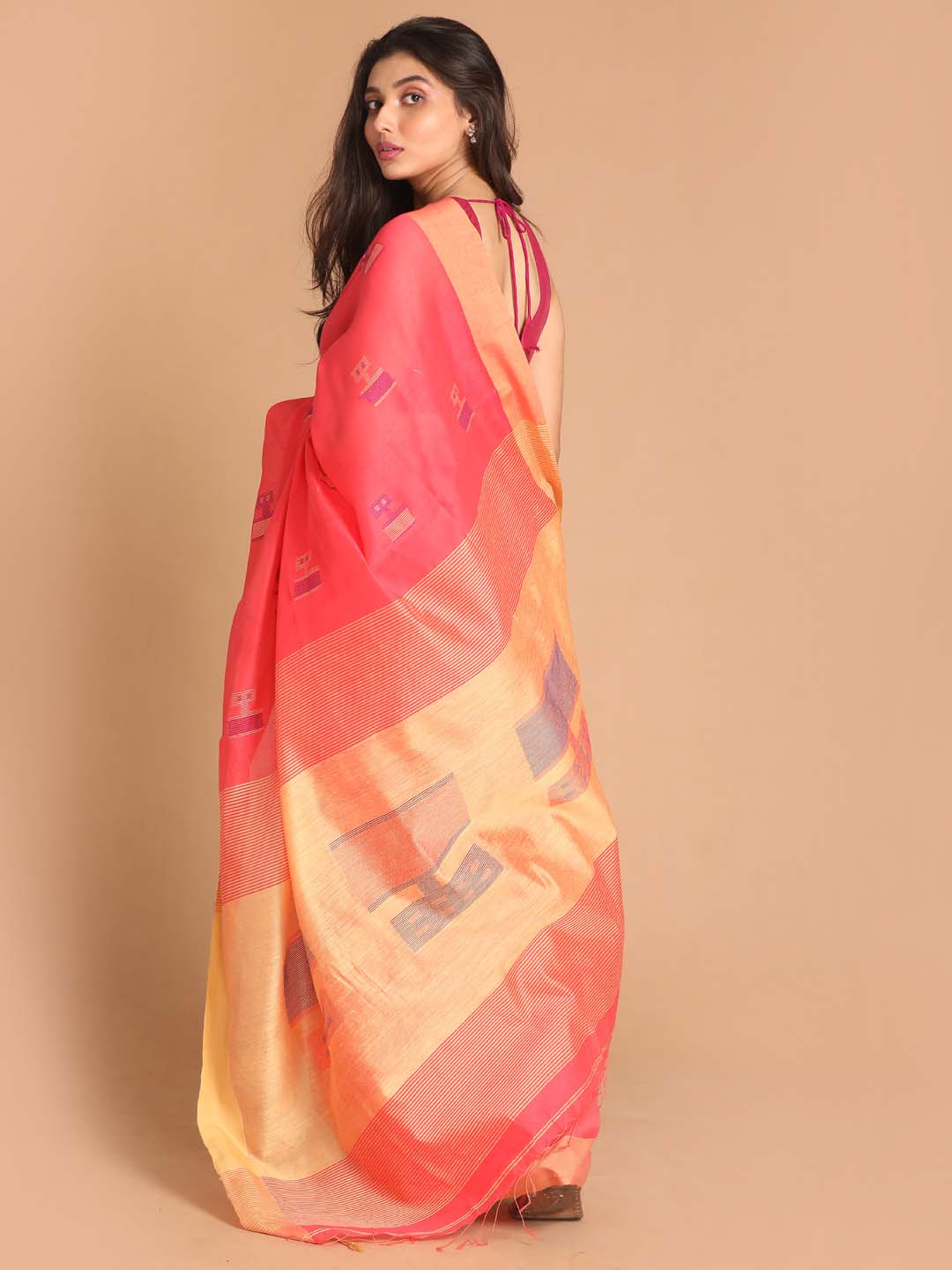 Indethnic Coral Bengal Handloom Cotton Blend Work Saree - View 3