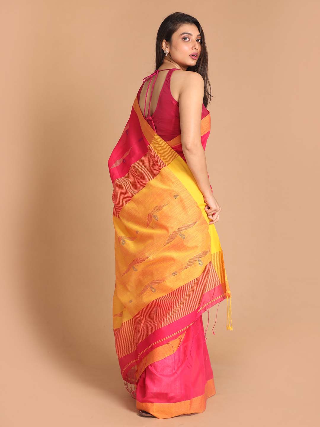 Indethnic Coral Bengal Handloom Cotton Blend Work Saree - View 3