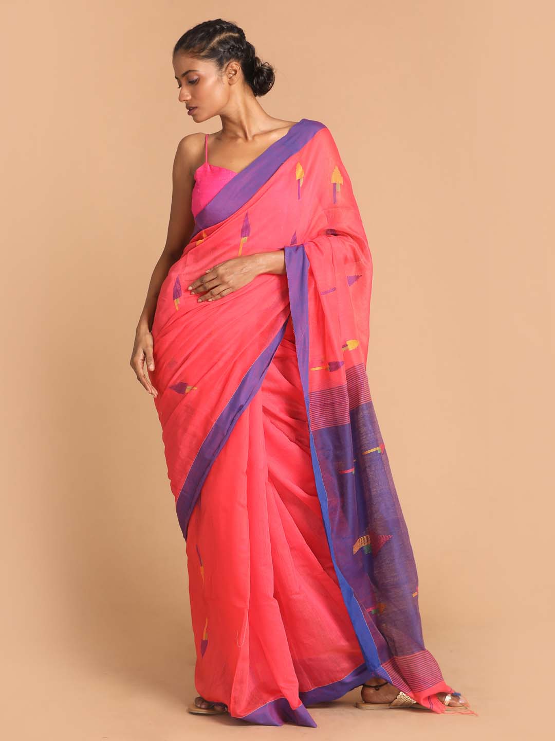 Indethnic Coral Bengal Handloom Cotton Blend Work Saree - View 1