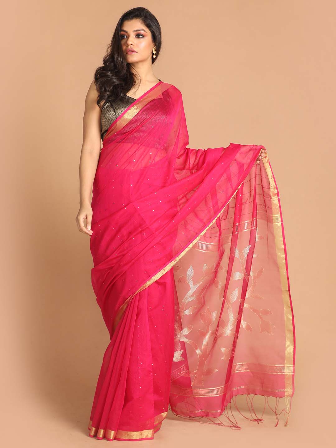 Indethnic Coral Bengal Handloom Cotton Blend Work Saree - View 1