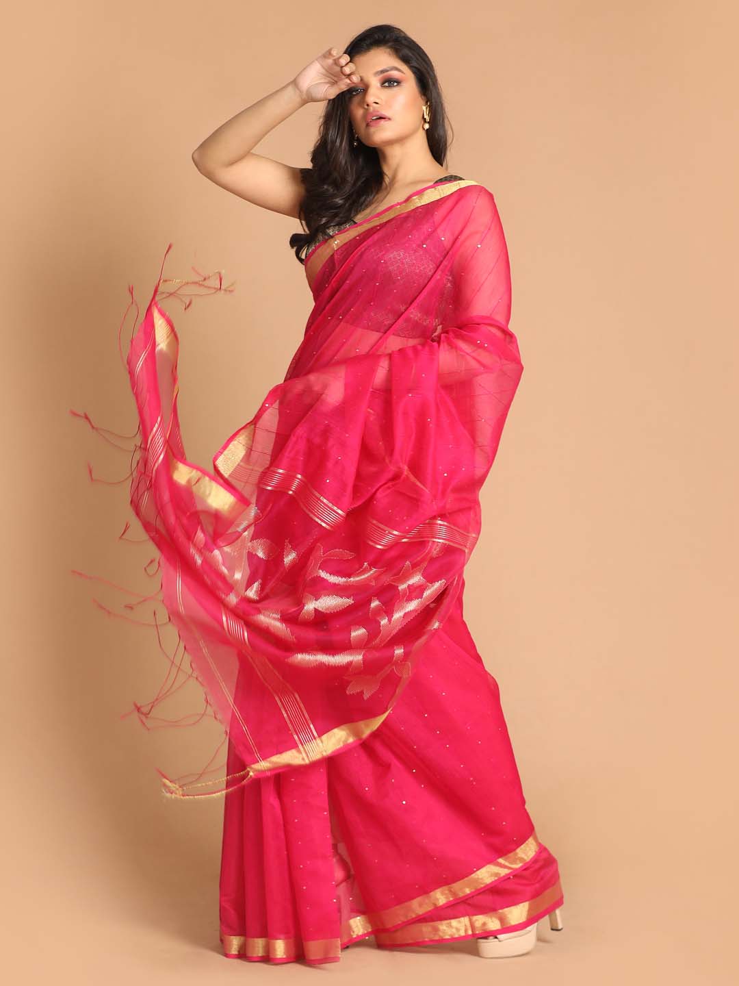 Indethnic Coral Bengal Handloom Cotton Blend Work Saree - View 2