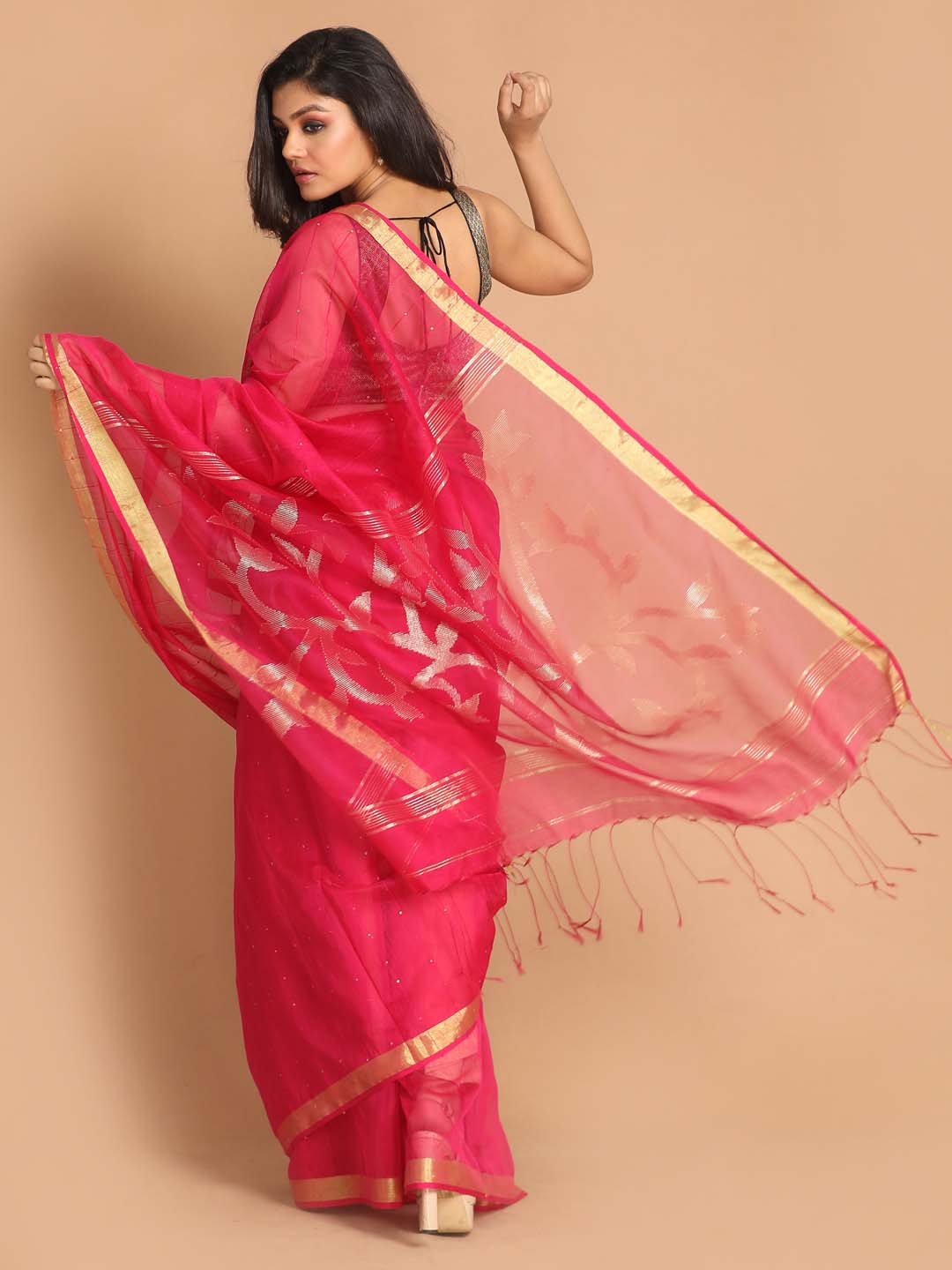 Indethnic Coral Bengal Handloom Cotton Blend Work Saree - View 3