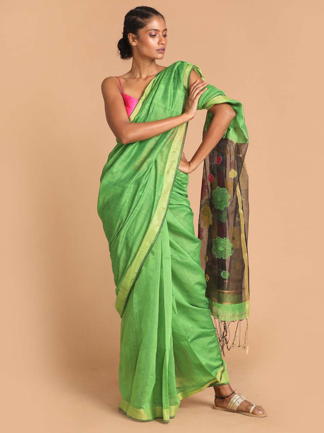 Indethnic Green Bengal Handloom Cotton Blend Work Saree - View 1