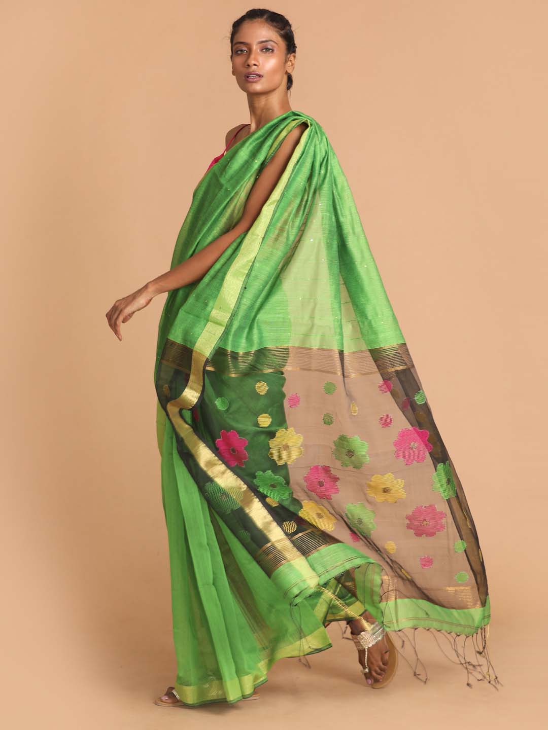 Indethnic Green Bengal Handloom Cotton Blend Work Saree - View 2