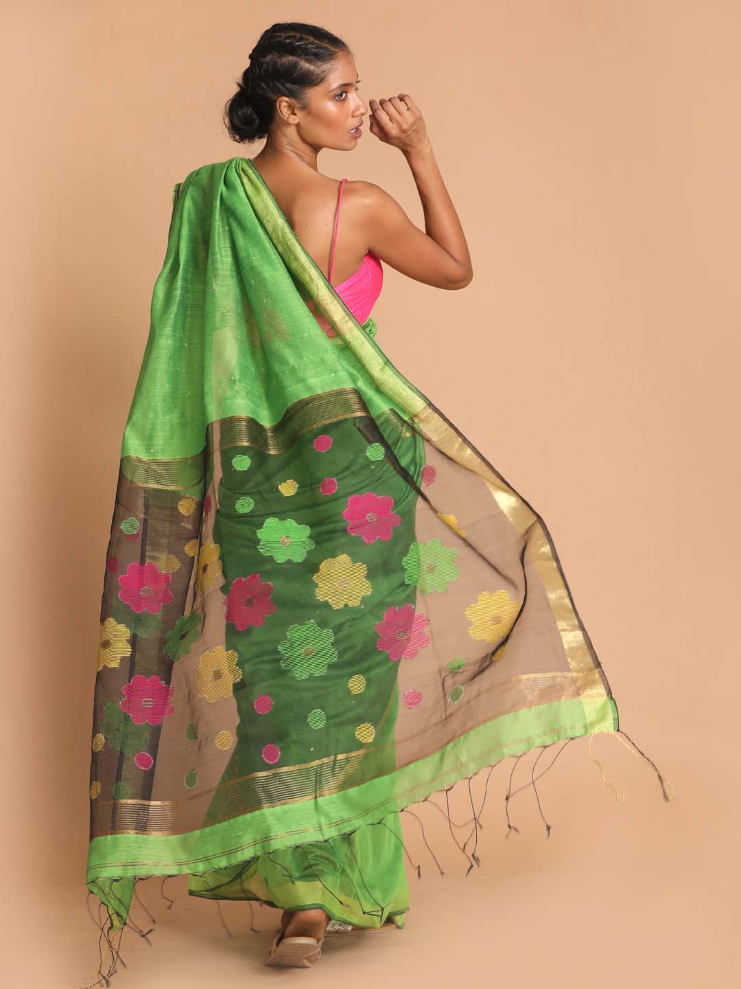 Indethnic Green Bengal Handloom Cotton Blend Work Saree - View 3