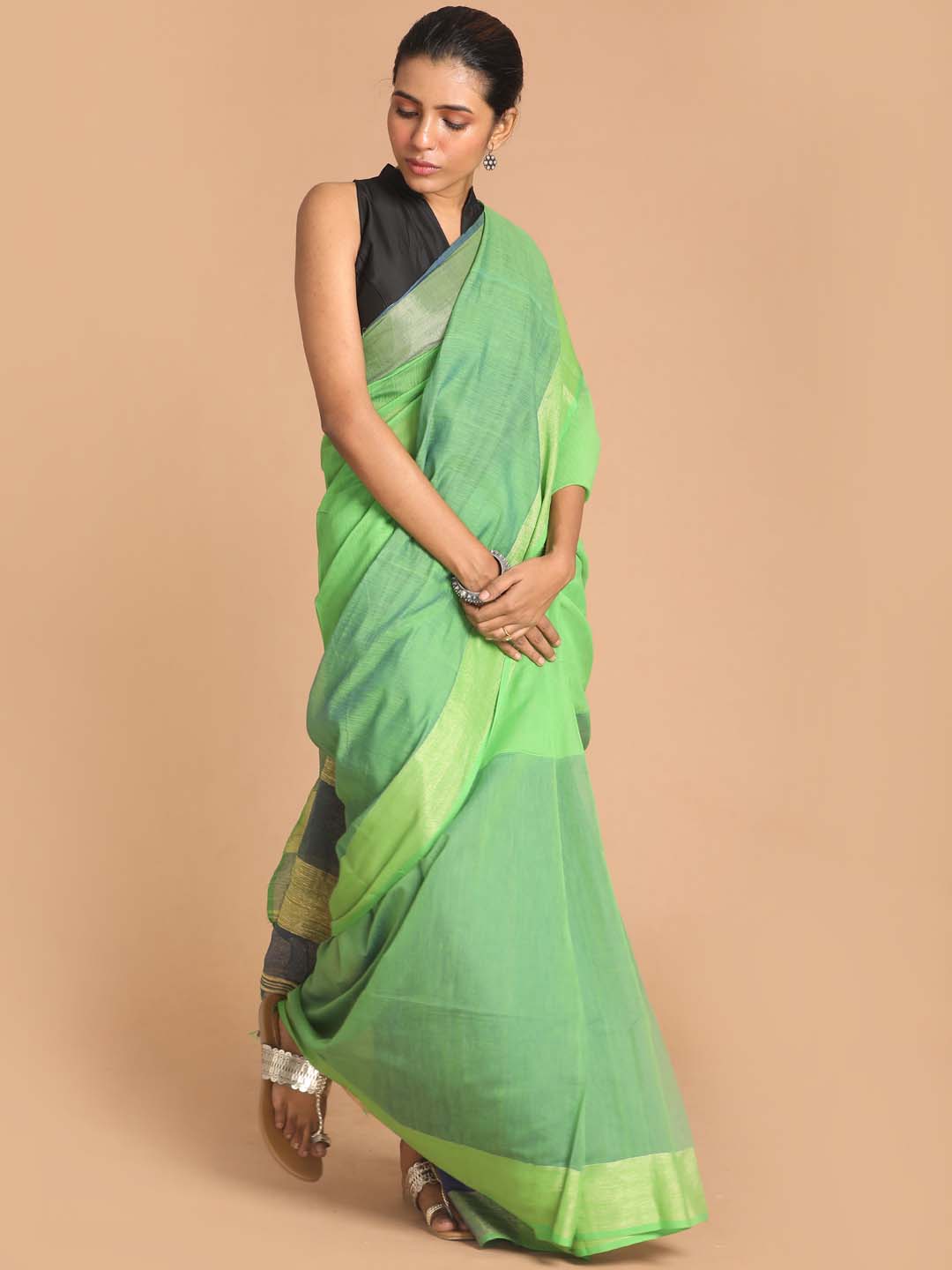 Indethnic Green Bengal Handloom Cotton Blend Work Saree - View 1