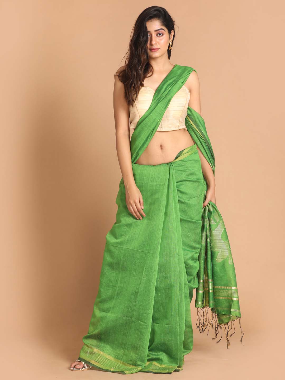 Indethnic Green Bengal Handloom Cotton Blend Work Saree - View 1