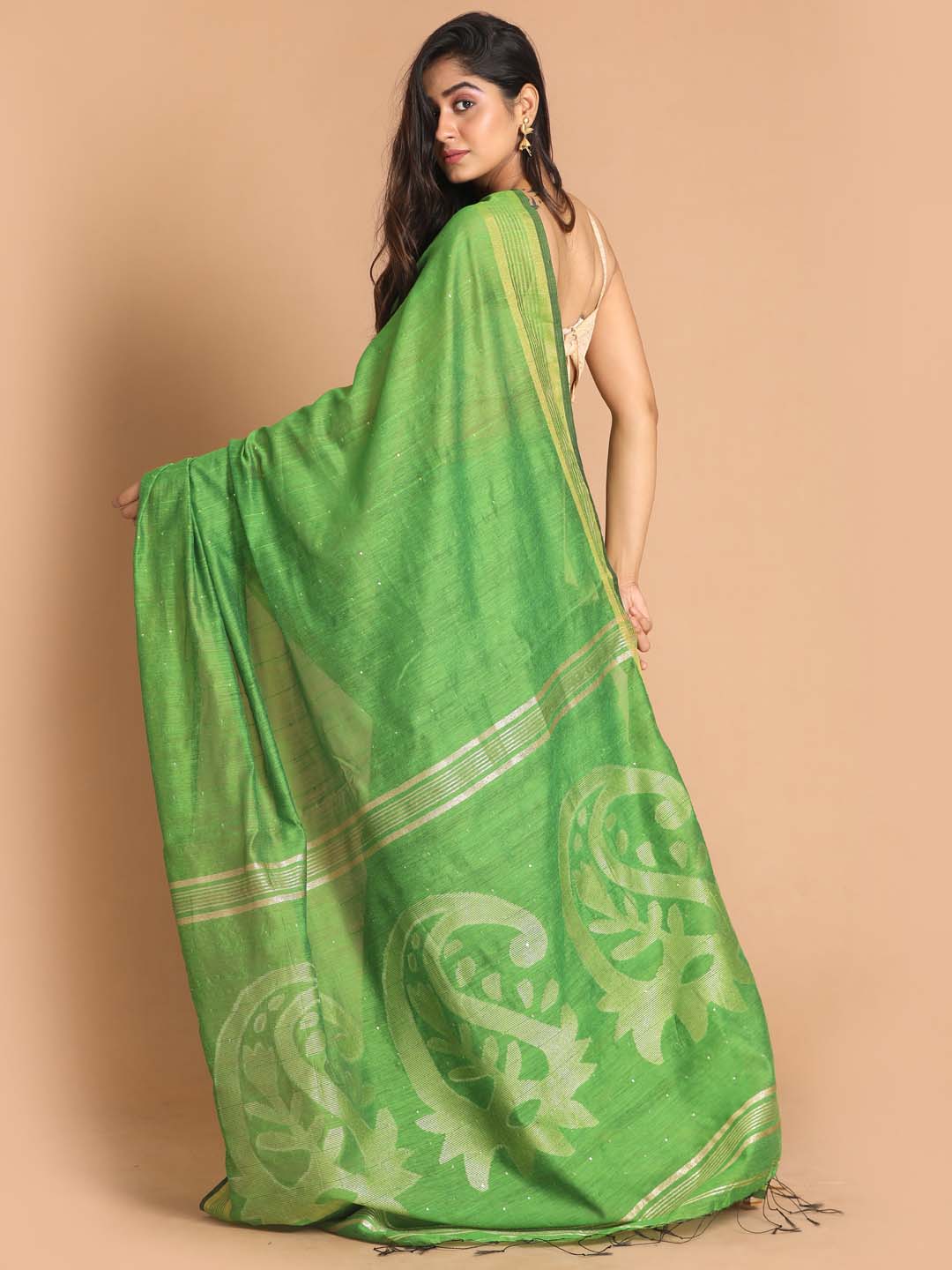 Indethnic Green Bengal Handloom Cotton Blend Work Saree - View 3