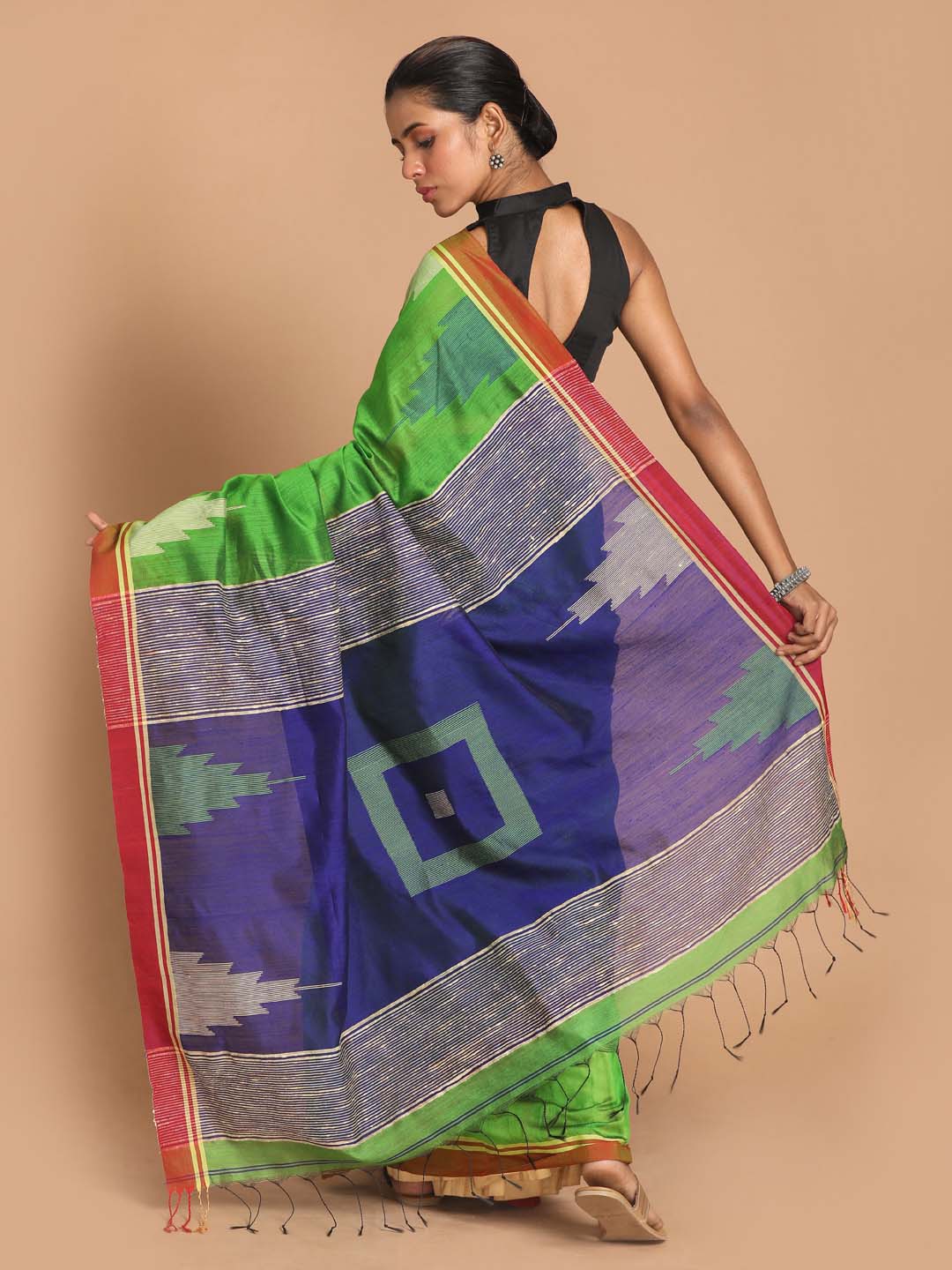 Indethnic Green Bengal Handloom Cotton Blend Work Saree - View 3