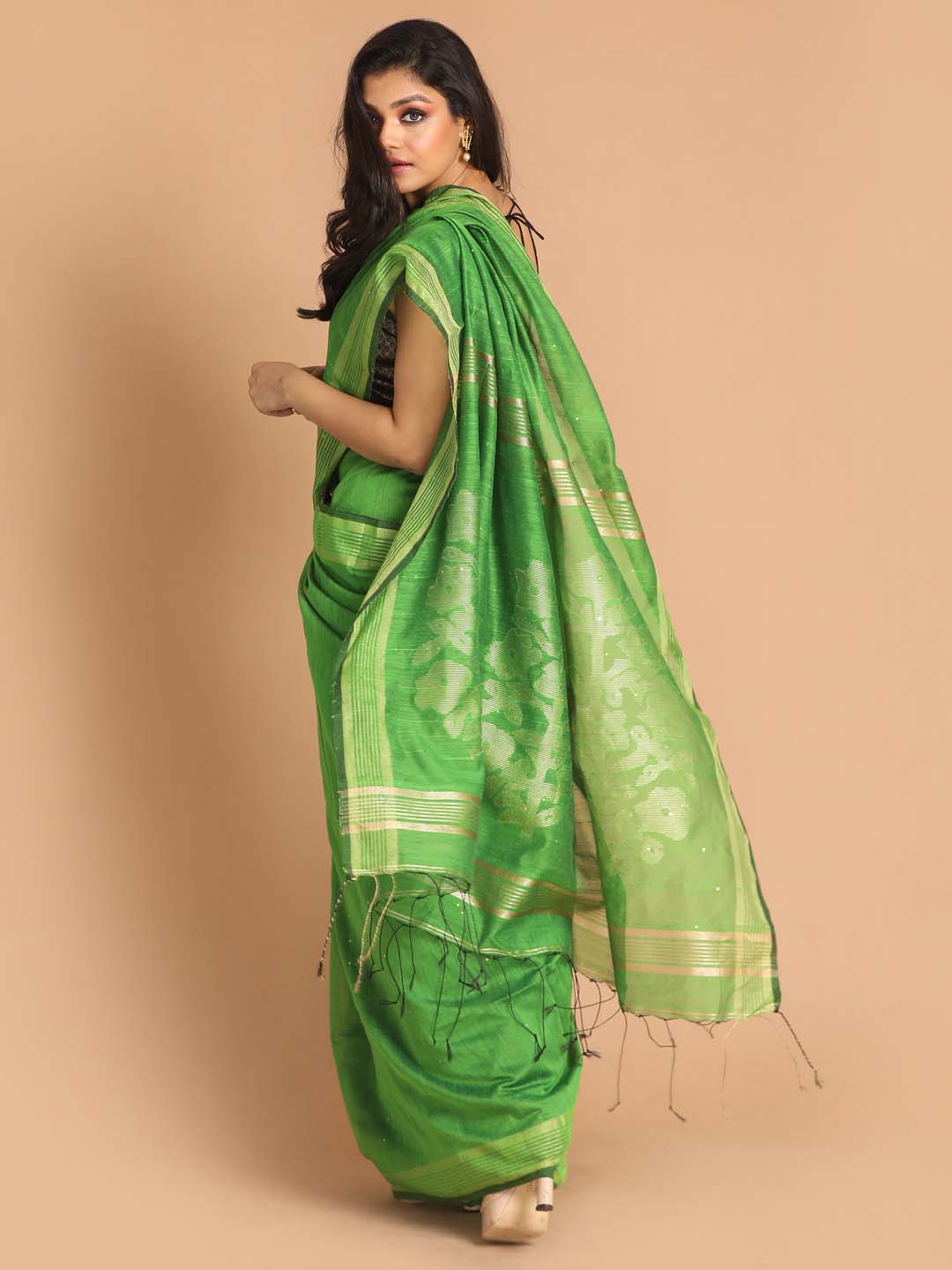 Indethnic Green Bengal Handloom Cotton Blend Party Saree - View 3