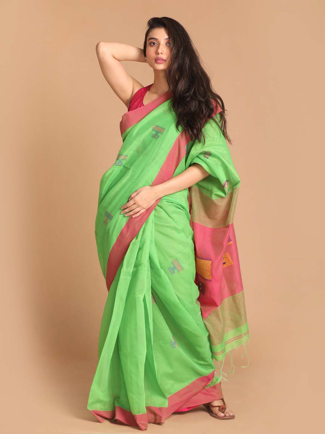 Indethnic Green Bengal Handloom Cotton Blend Work Saree - View 1