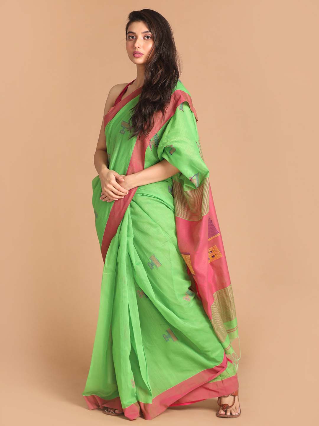 Indethnic Green Bengal Handloom Cotton Blend Work Saree - View 2