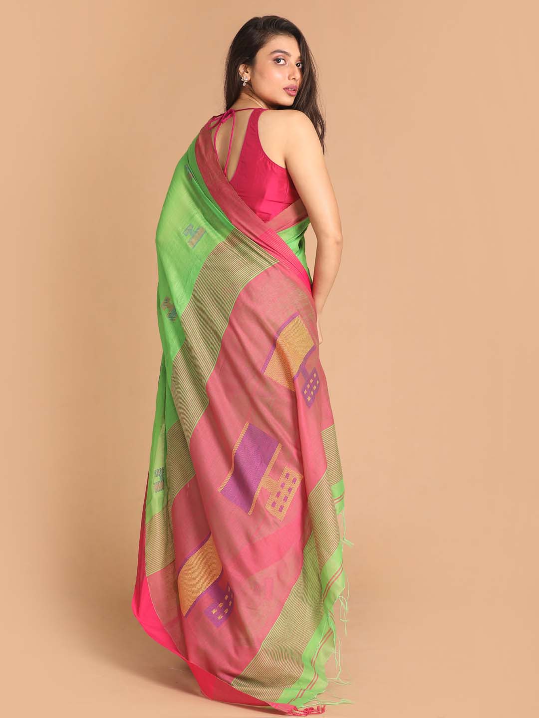 Indethnic Green Bengal Handloom Cotton Blend Work Saree - View 3