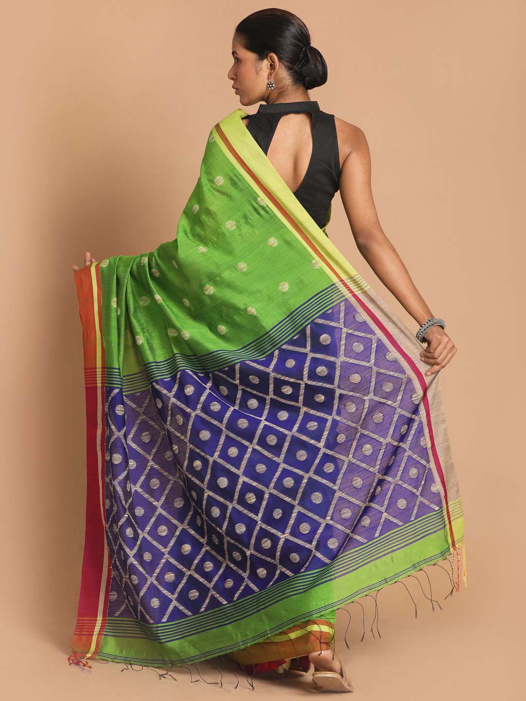 Indethnic Green Bengal Handloom Cotton Blend Work Saree - View 3