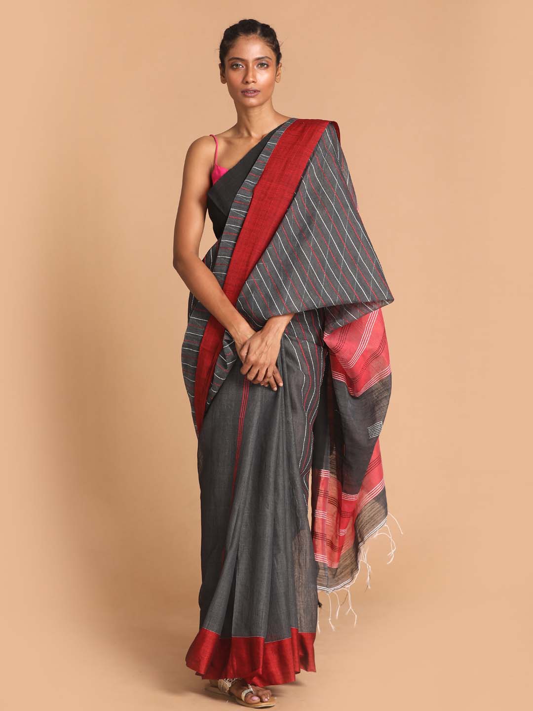 Indethnic Grey Bengal Handloom Cotton Blend Work Saree - View 1