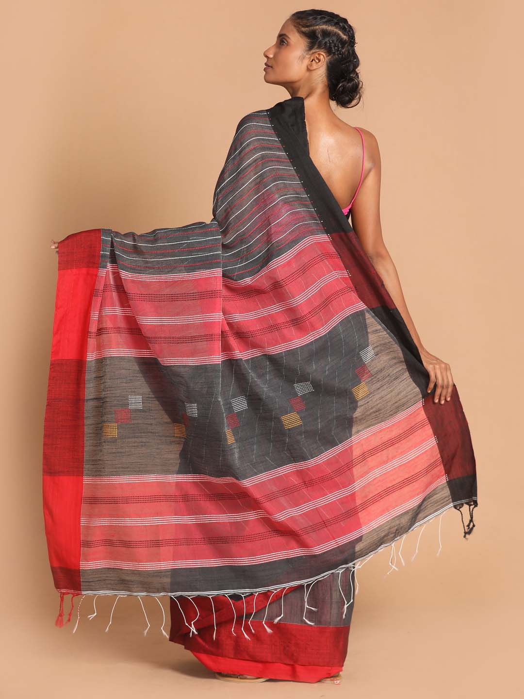 Indethnic Grey Bengal Handloom Cotton Blend Work Saree - View 3