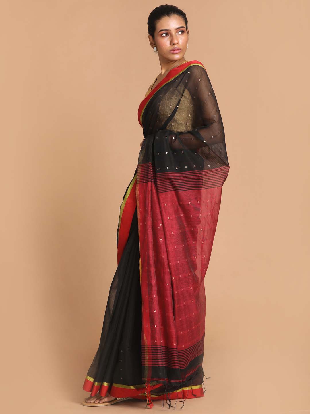 Indethnic Grey Bengal Handloom Cotton Blend Work Saree - View 2