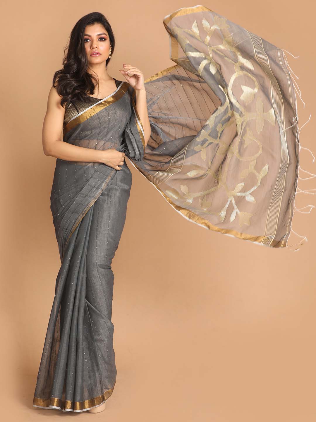 Indethnic Grey Bengal Handloom Cotton Blend Work Saree - View 1