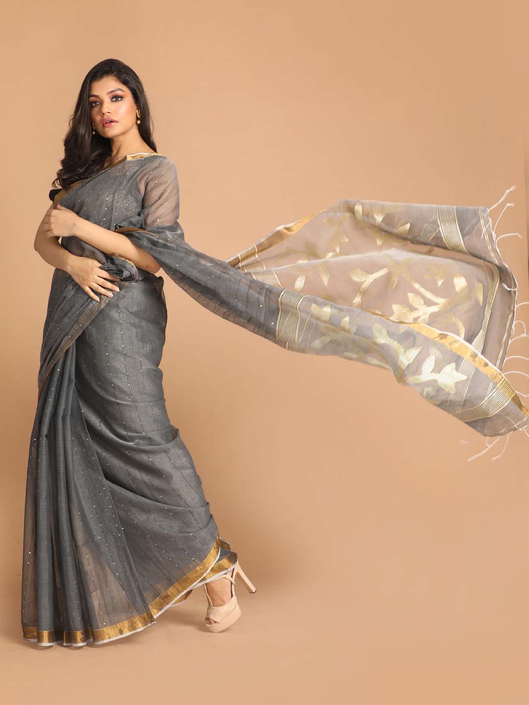 Indethnic Grey Bengal Handloom Cotton Blend Work Saree - View 2