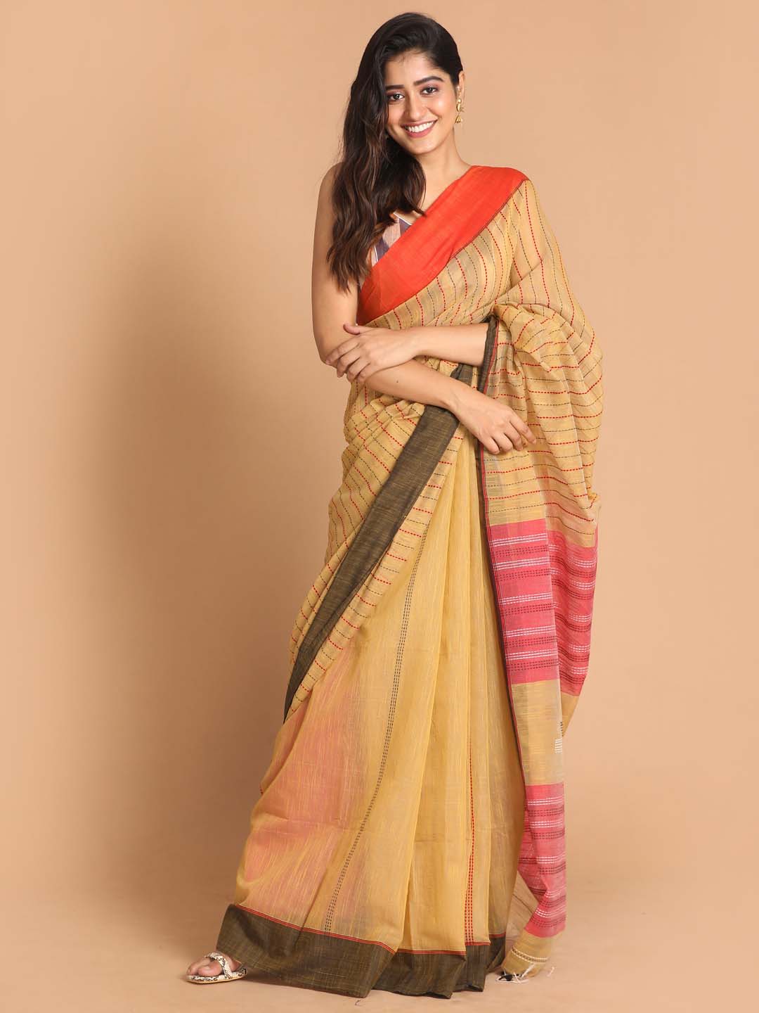 Indethnic Khaki Bengal Handloom Cotton Blend Work Saree - View 1