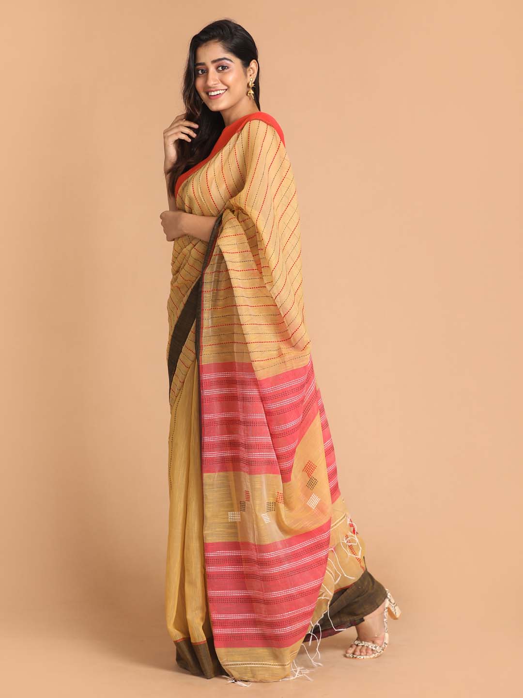 Indethnic Khaki Bengal Handloom Cotton Blend Work Saree - View 2