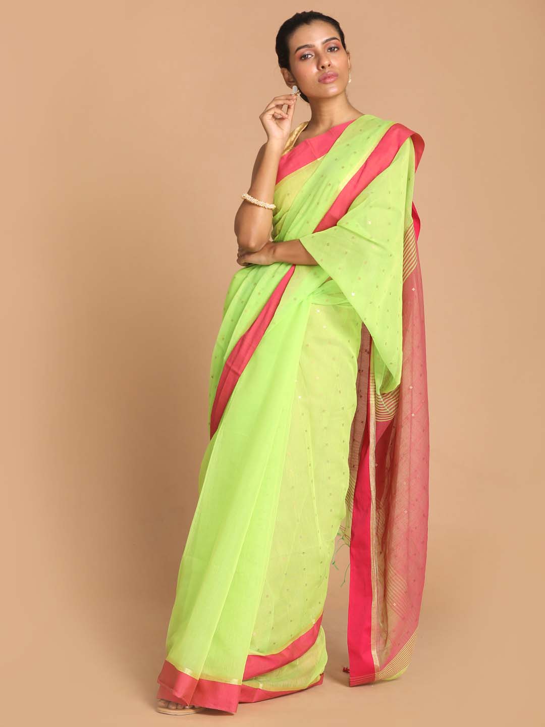 Indethnic Lime Green Bengal Handloom Cotton Blend Work Saree - View 1