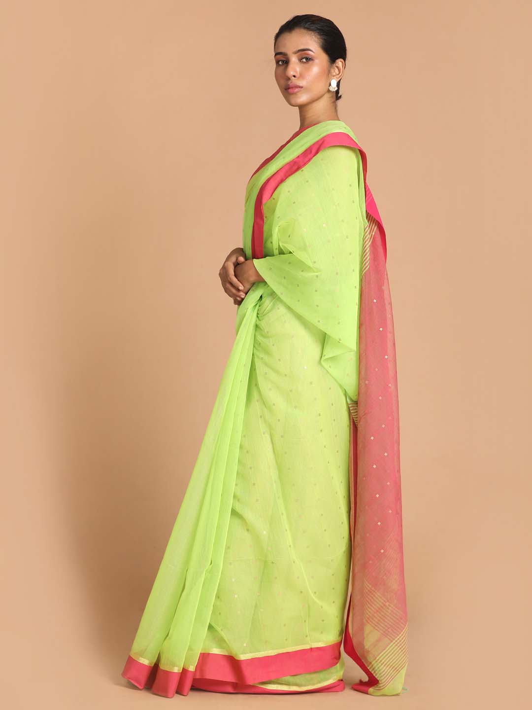 Indethnic Lime Green Bengal Handloom Cotton Blend Work Saree - View 2
