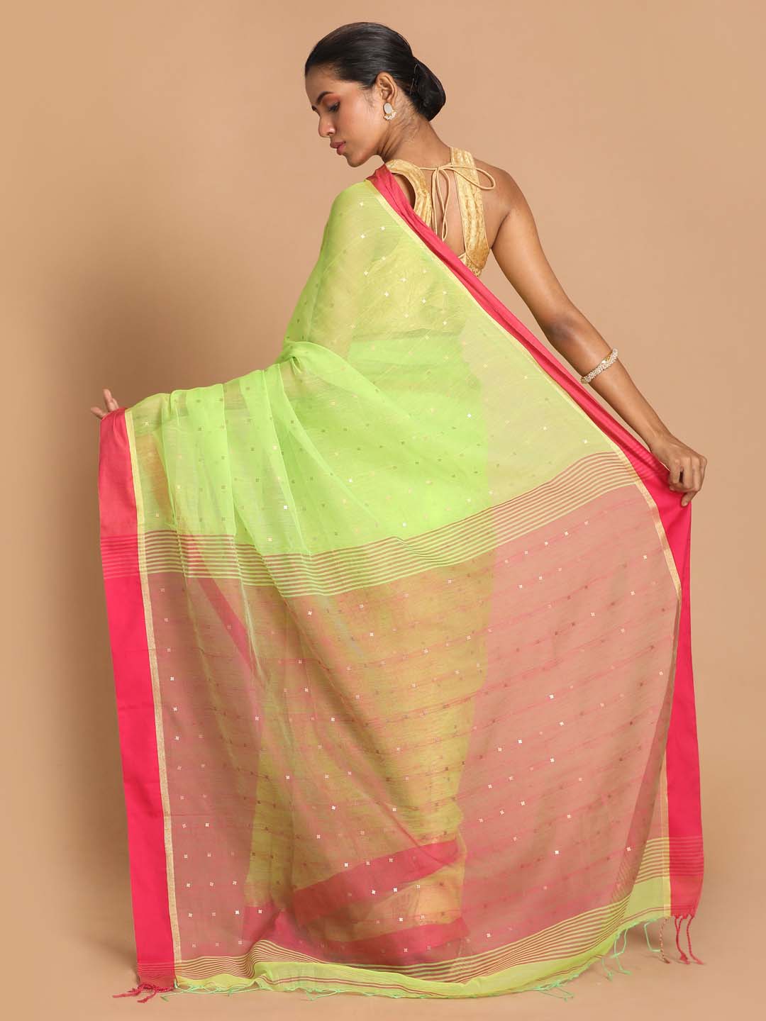 Indethnic Lime Green Bengal Handloom Cotton Blend Work Saree - View 3