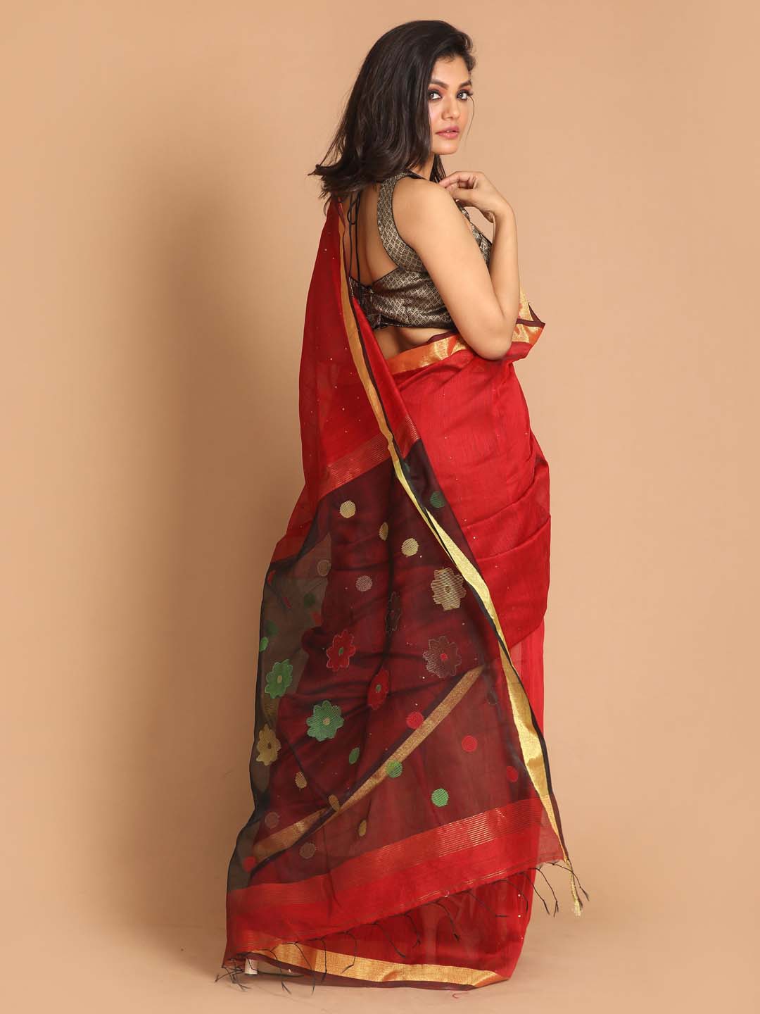 Indethnic Maroon Bengal Handloom Cotton Blend Work Saree - View 3